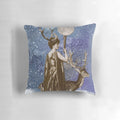 Cozy winter solstice moon goddess decorative pillow in blue and white tones