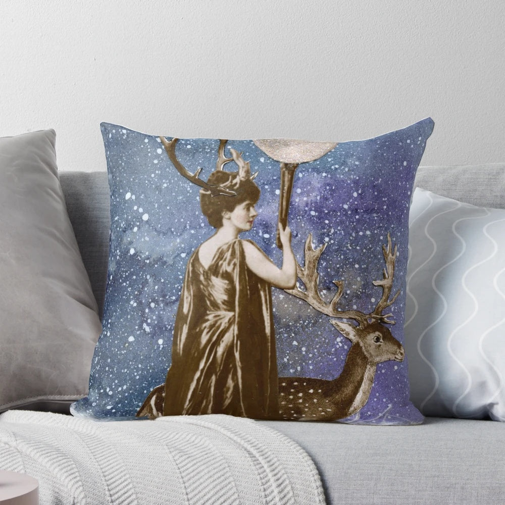 Cozy winter solstice moon goddess decorative pillow in blue and white tones
