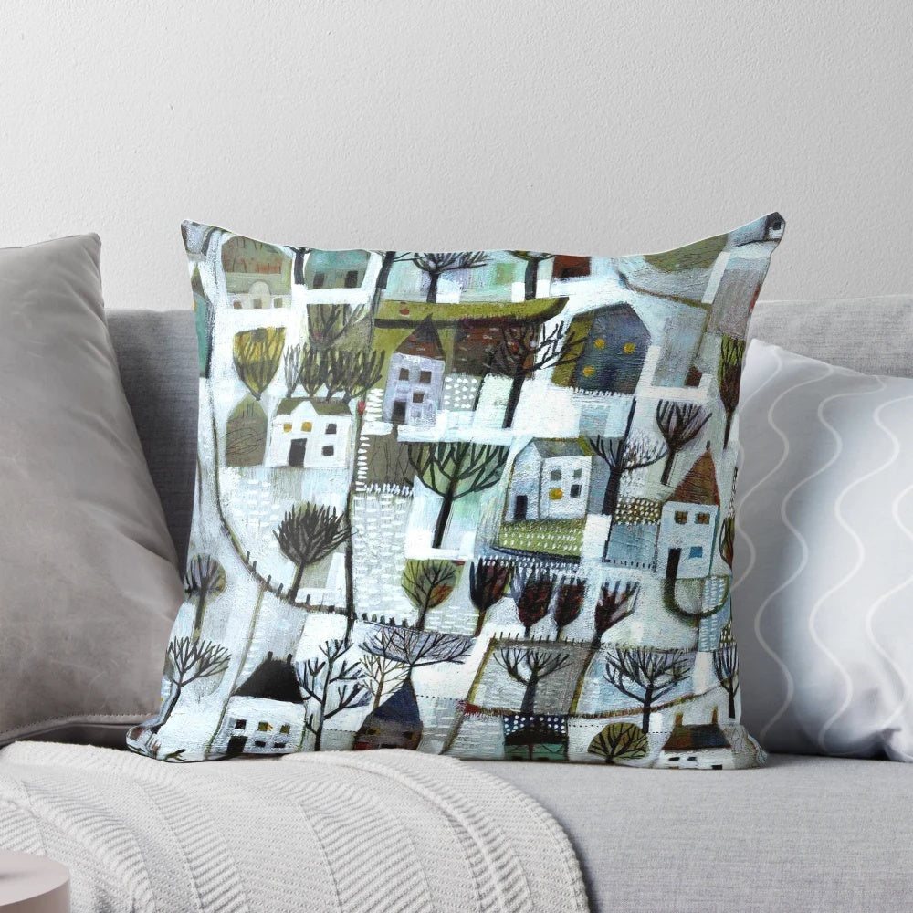 A serene winter landscape with trees and figures, captured in a neutral-toned Pillow for cozy, seasonal home decor.