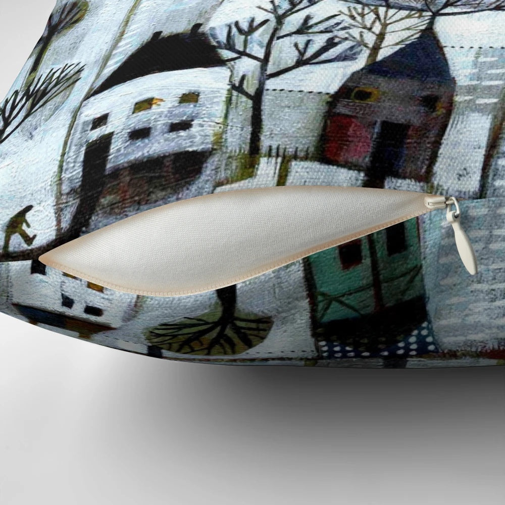 A serene winter landscape with trees and figures, captured in a neutral-toned Pillow for cozy, seasonal home decor.