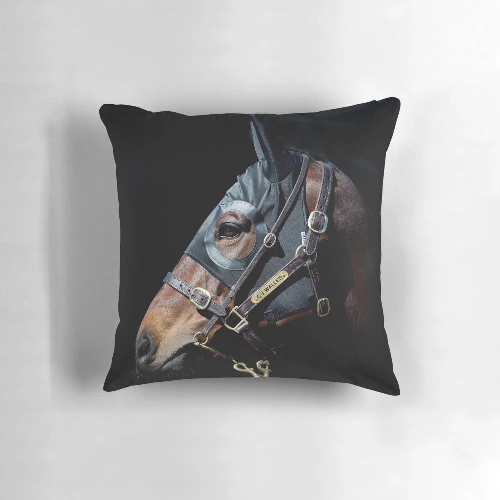 Decorative pillow featuring an artwork of the champion racehorse Winx