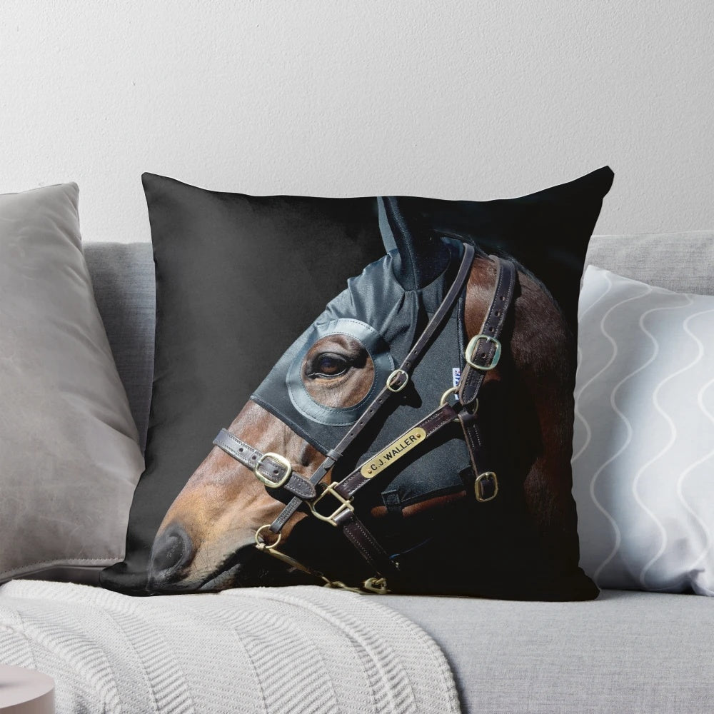 Decorative pillow featuring an artwork of the champion racehorse Winx