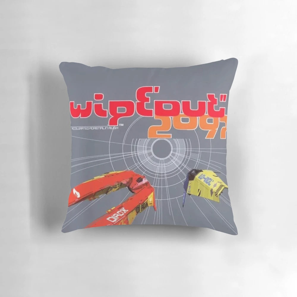 Wipeout 2097 themed decorative pillow featuring the Feisar racing team and AG Systems logo