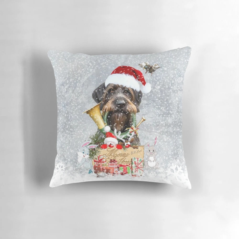 Wirehaired Pointer dog in a winter scene on a Christmas pillow