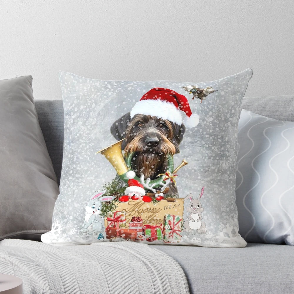 Wirehaired Pointer dog in a winter scene on a Christmas pillow