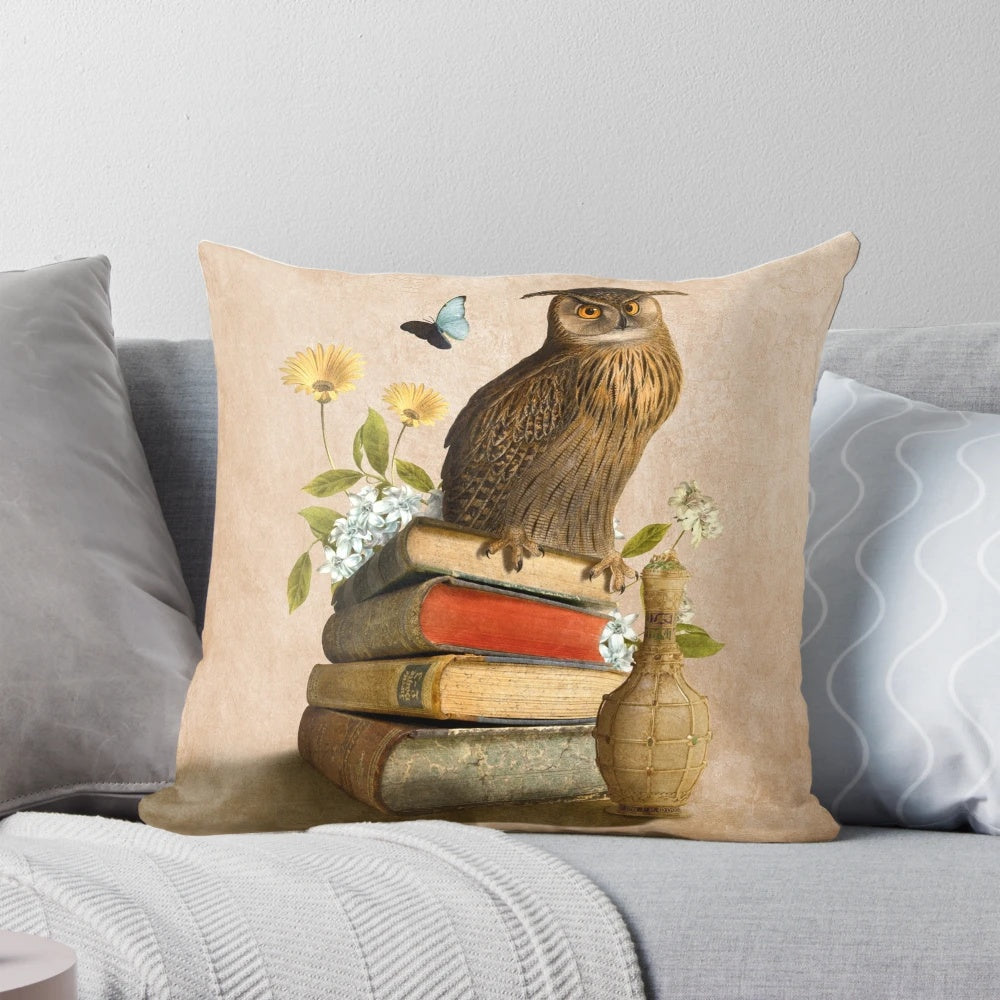 Wise owl decorative pillow featuring an illustrated owl surrounded by butterflies and other fantasy elements.