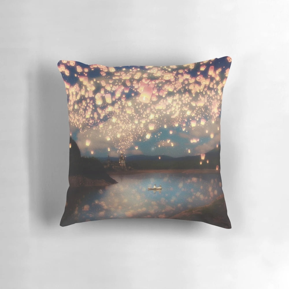 Wish lanterns floating in a fiery sky over a lake, creating a romantic, magical scene for weddings and special occasions.