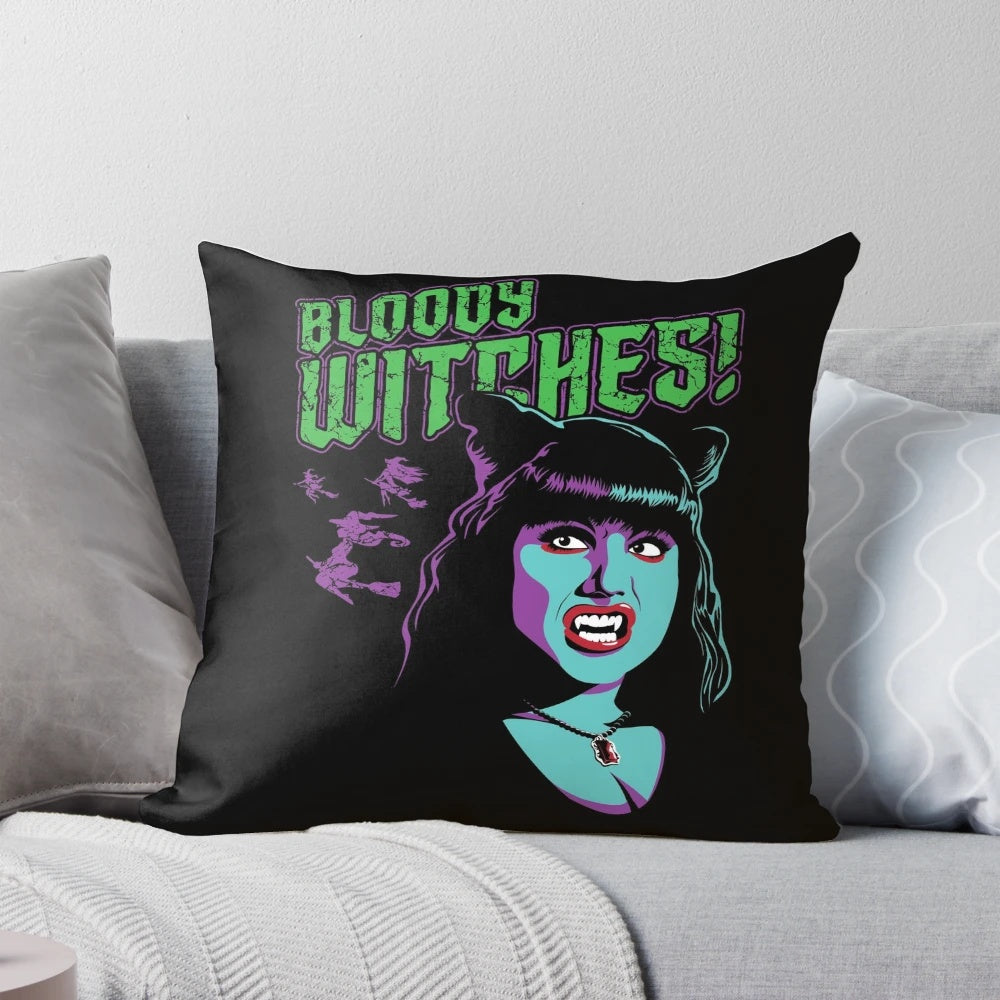 Decorative witches-themed pillow inspired by the popular TV show "What We Do in the Shadows