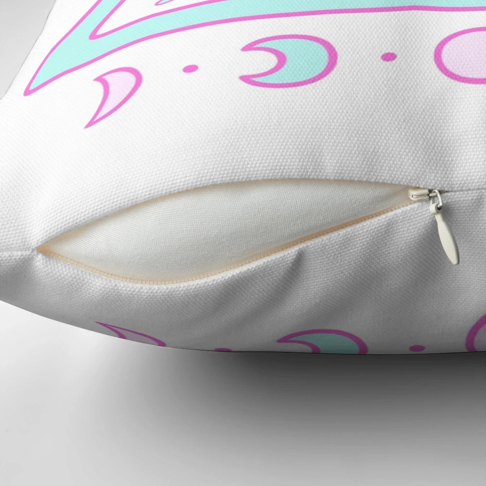 Pastel white and pink cat paw print Nikury pillow with occult and moon motifs