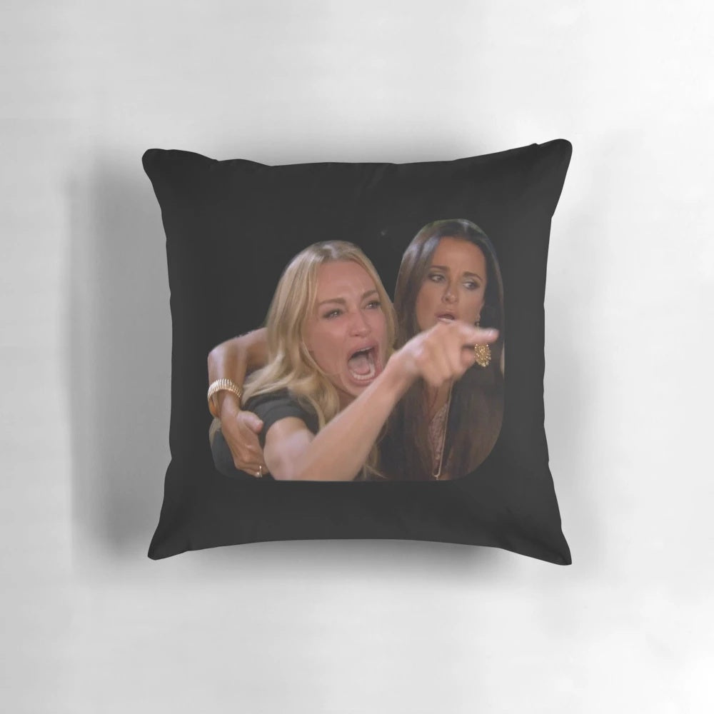 Decorative pillow featuring the popular "Woman Yelling at Cat" meme.