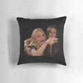 Decorative pillow featuring the popular "Woman Yelling at Cat" meme.