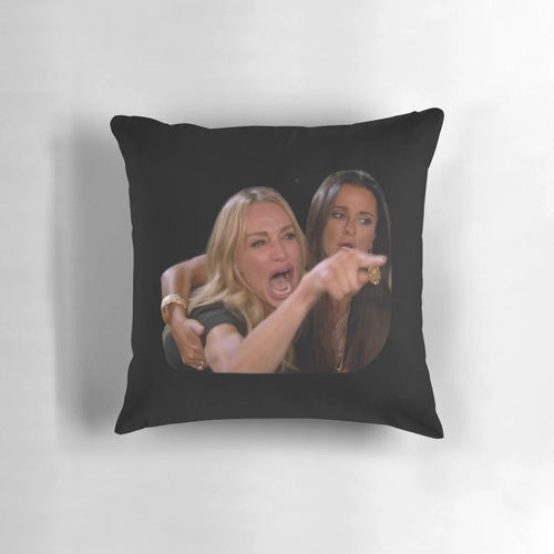Decorative pillow featuring the popular "Woman Yelling at Cat" meme.
