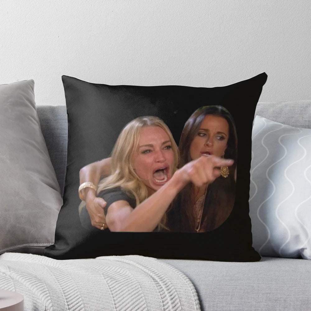 Decorative pillow featuring the popular "Woman Yelling at Cat" meme.