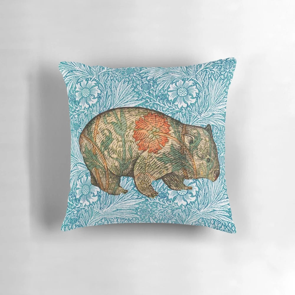 Wombat illustration pillow in shades of blue and marigold