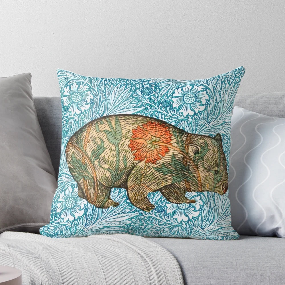 Wombat illustration pillow in shades of blue and marigold