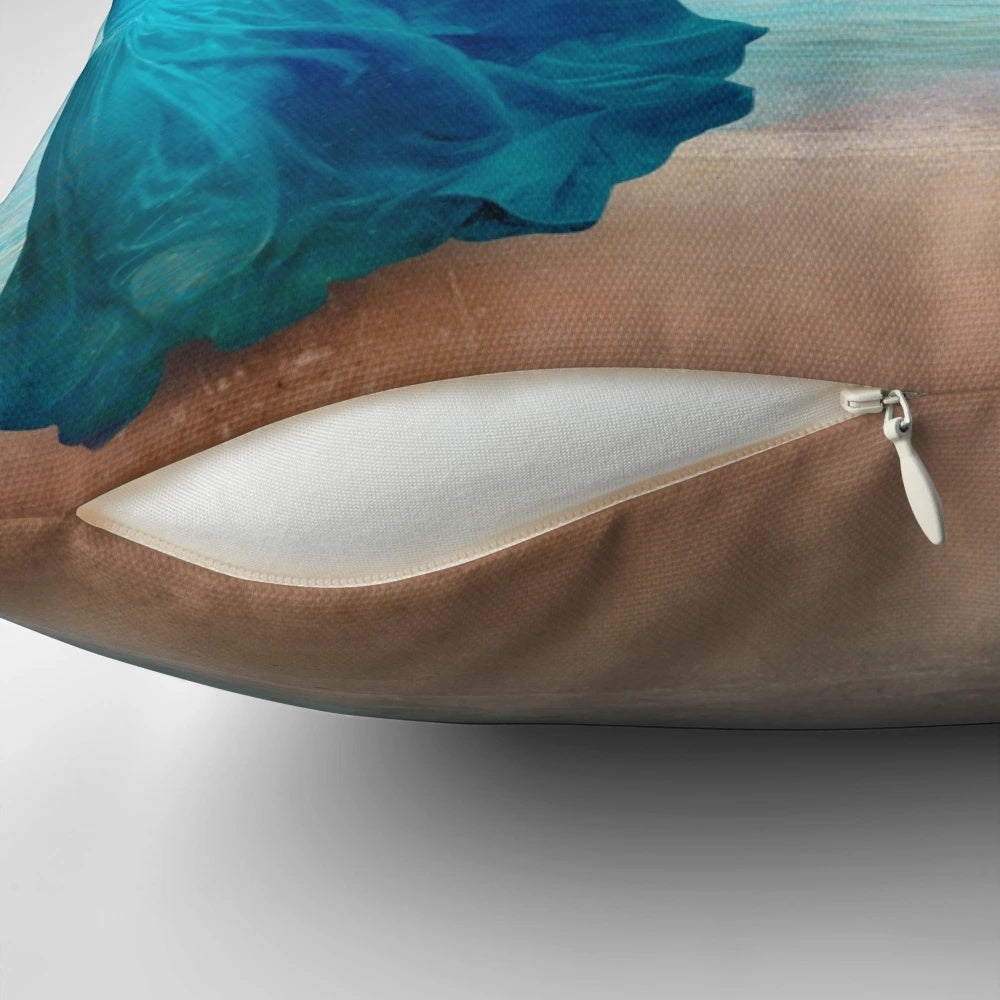 Artistic Wonderland-themed pillow featuring a serene ocean landscape with floating butterflies, designed by artist Christian Schloe.