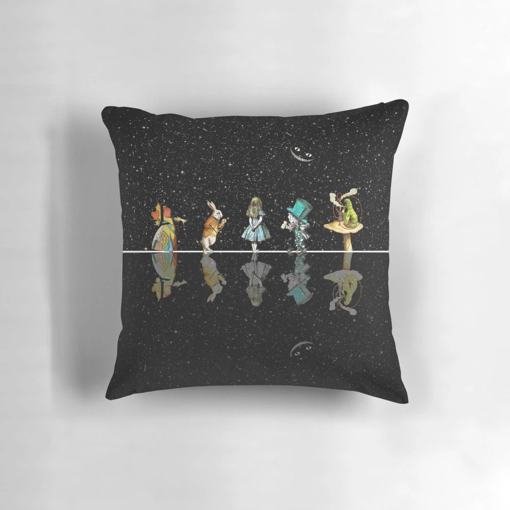 Wonderland Starry Night Alice in Wonderland Decorative Throw Pillow with Mad Hatter, Red Queen, and White Rabbit