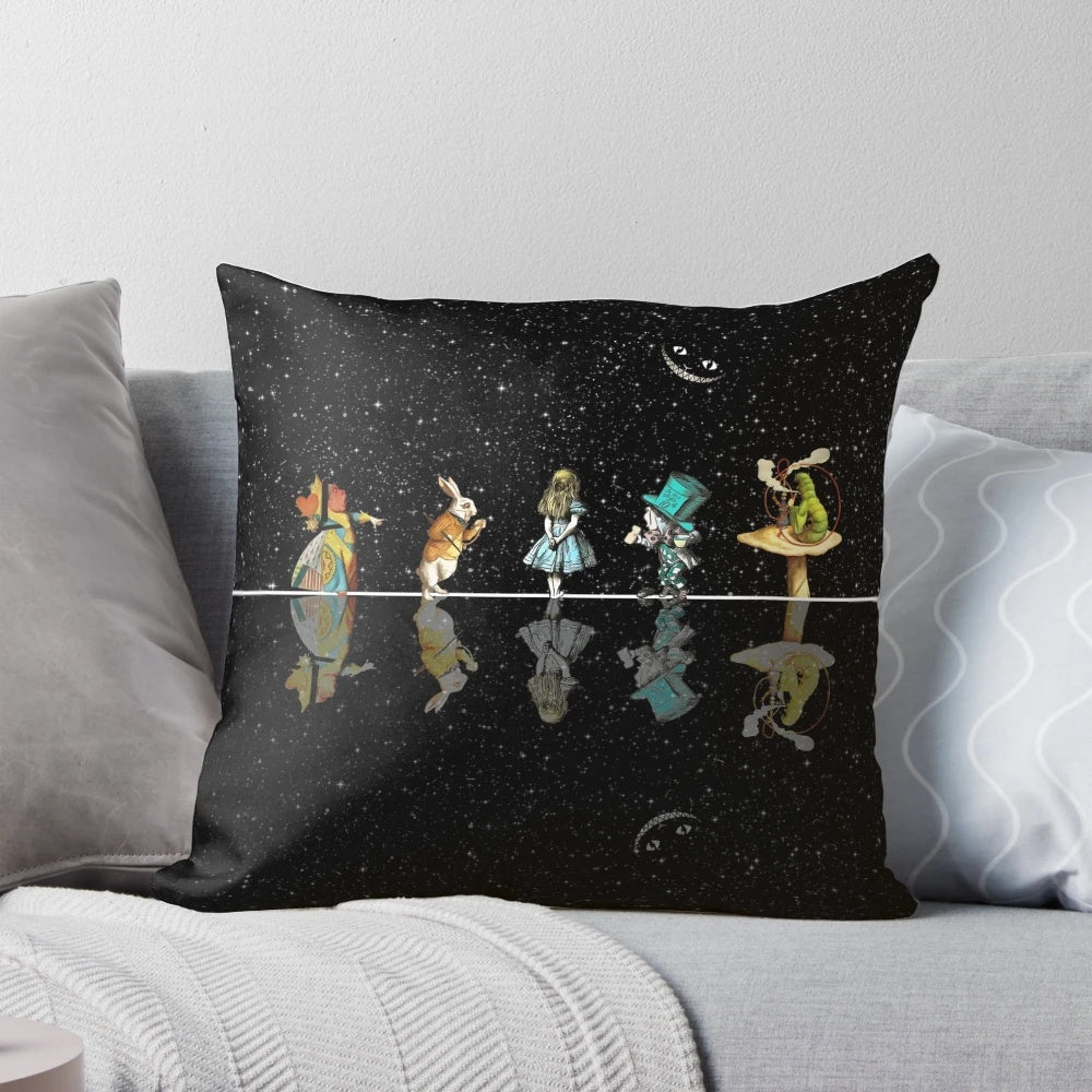 Wonderland Starry Night Alice in Wonderland Decorative Throw Pillow with Mad Hatter, Red Queen, and White Rabbit