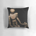 Wooden doll 'Take My Hand' pillow, a unique still life photography-inspired home decor item and gift
