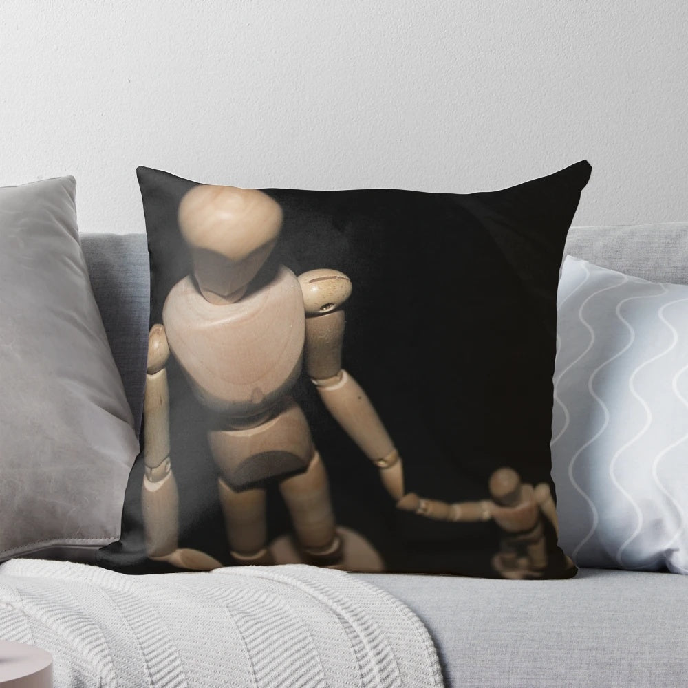 Wooden doll 'Take My Hand' pillow, a unique still life photography-inspired home decor item and gift
