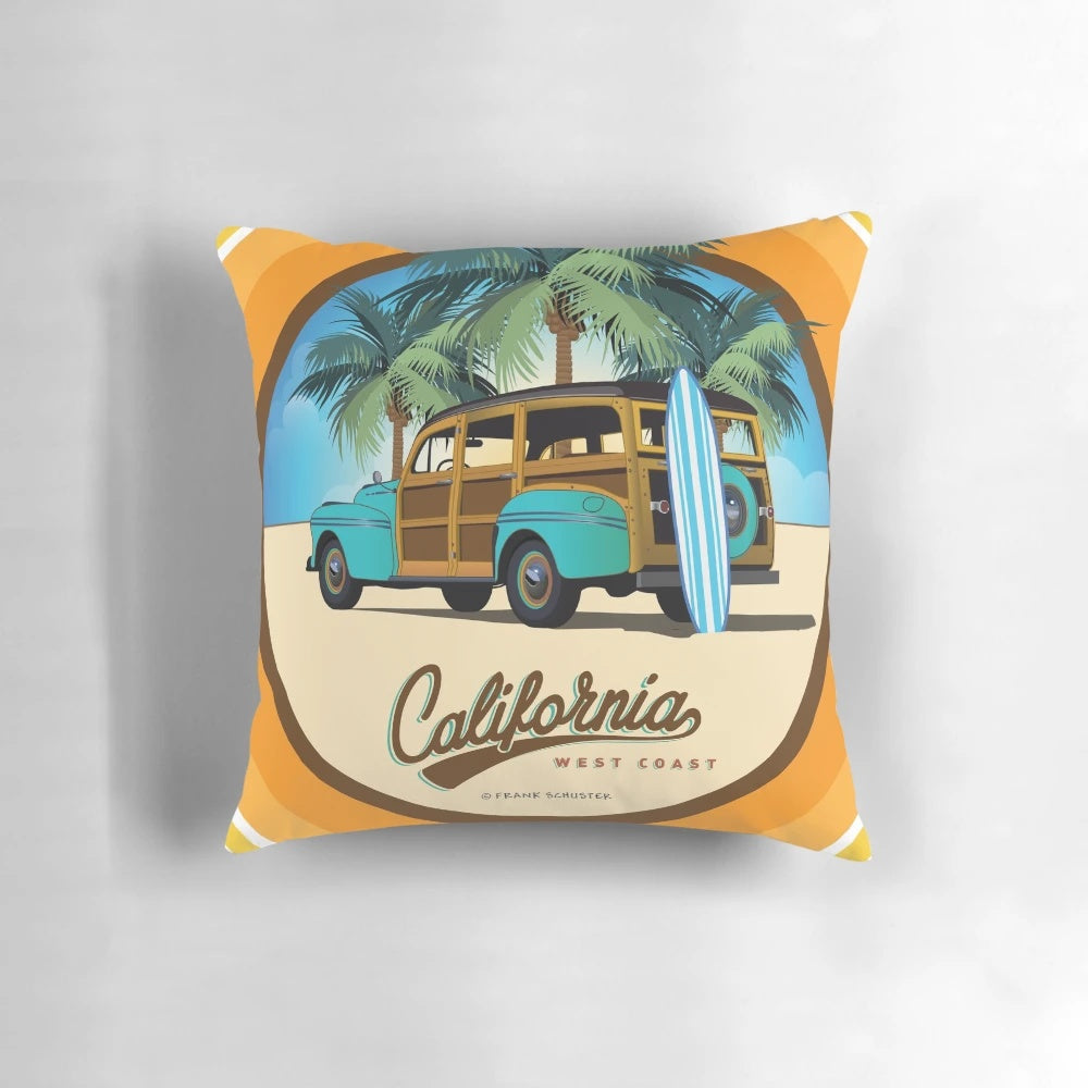 Woody station wagon pillow with surf city santa cruz california graphic