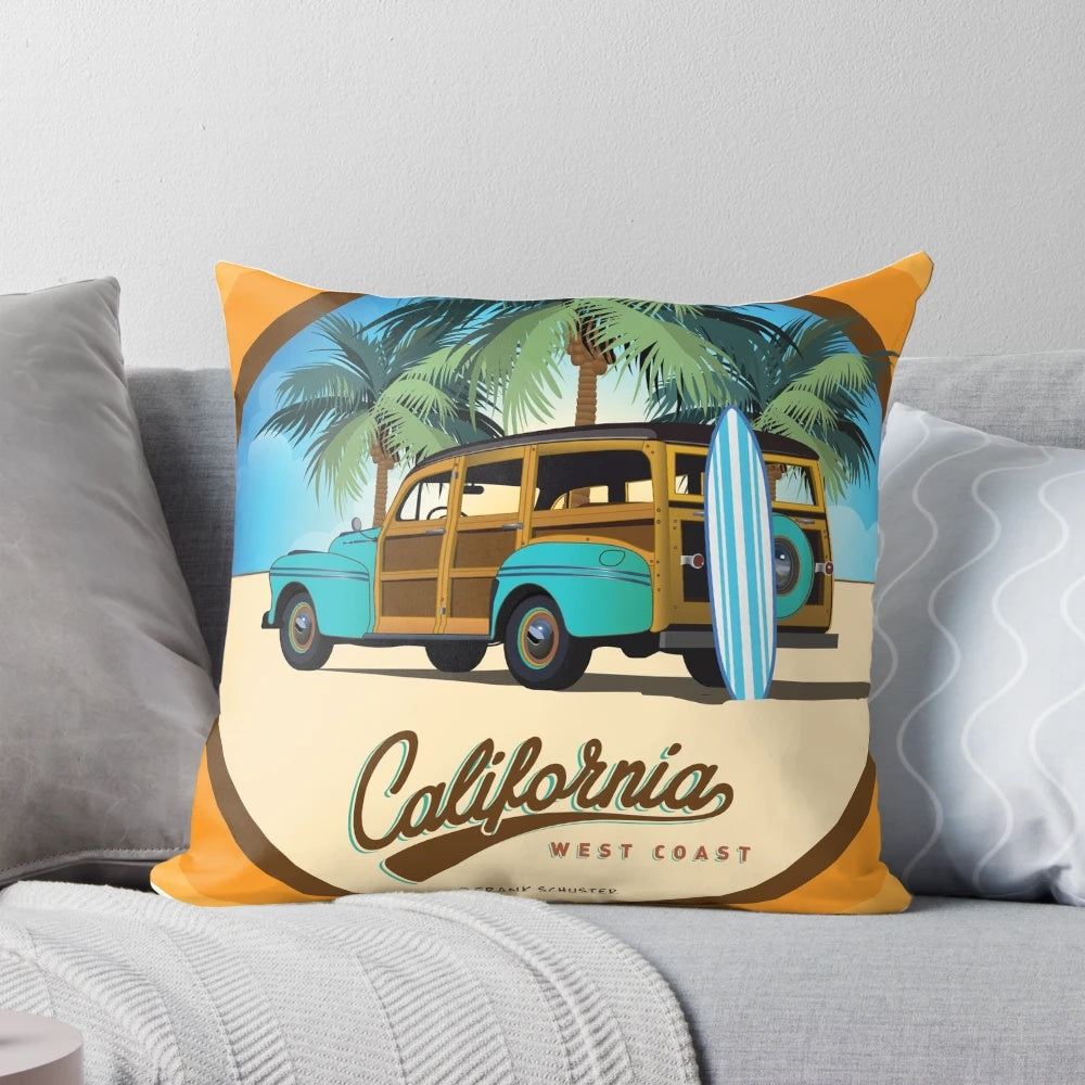 Woody station wagon pillow with surf city santa cruz california graphic