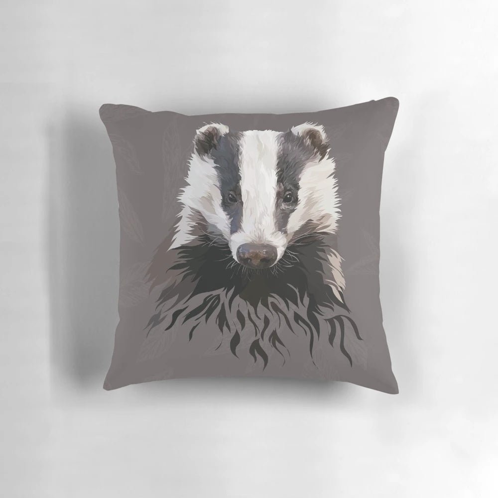 Woodland-themed black, white, and grey badger print pillow with twig details