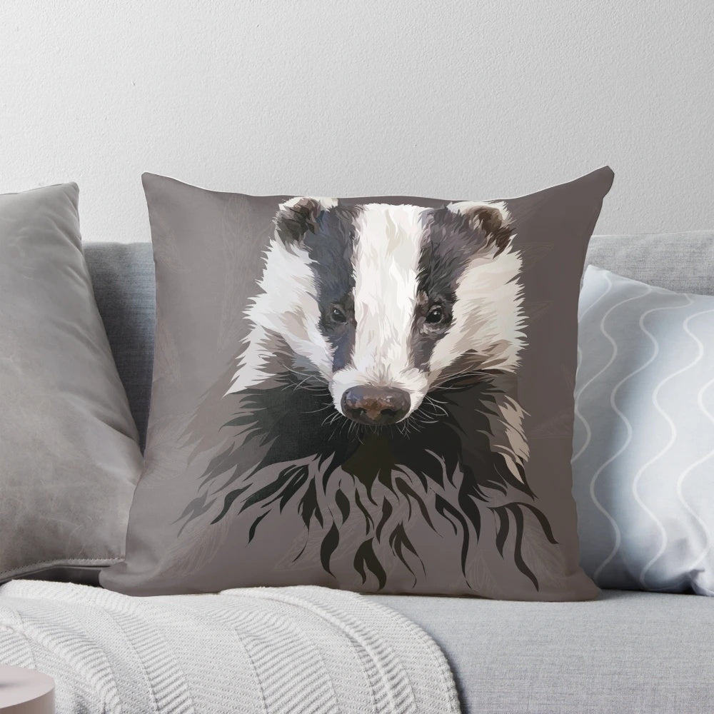 Woodland-themed black, white, and grey badger print pillow with twig details