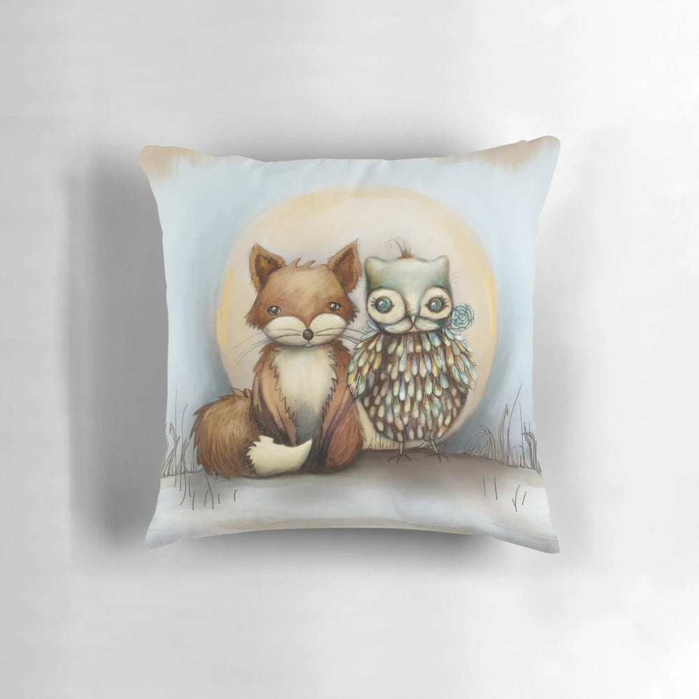 Decorative throw pillow featuring a fox and owl design by Karin Taylor