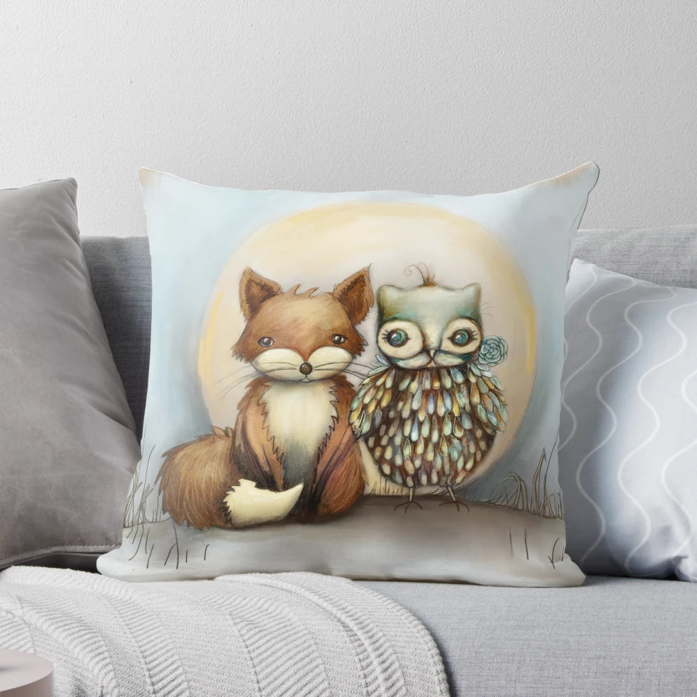 Decorative throw pillow featuring a fox and owl design by Karin Taylor