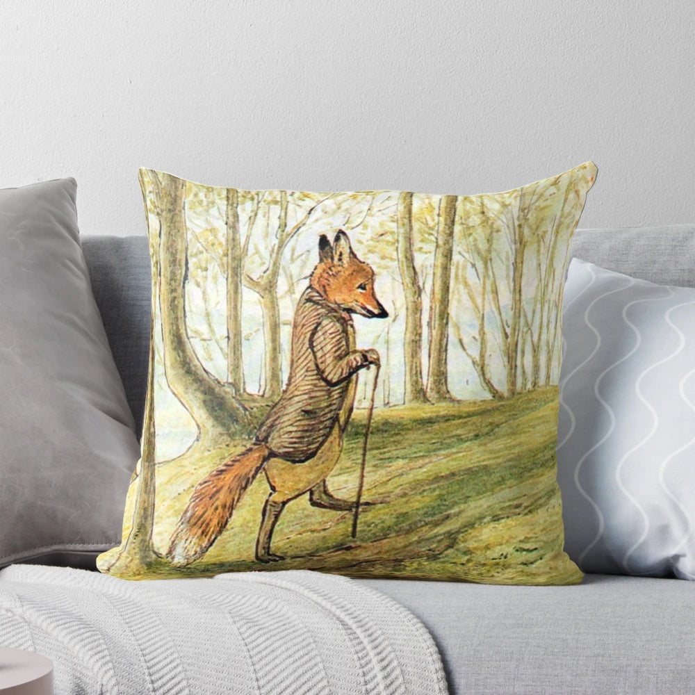 A decorative pillow featuring an illustration of the character Mr. Tod from Beatrix Potter's classic tales, set in a forest landscape.