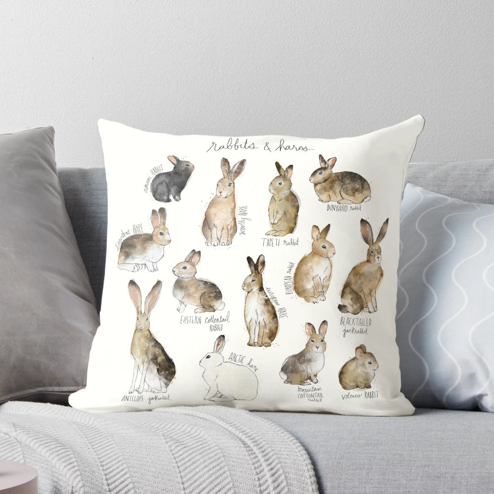 A decorative throw pillow featuring illustrations of various rabbit and hare species in a natural, wildlife-inspired design.