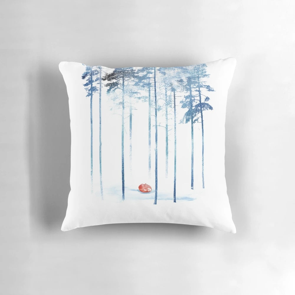 Vibrant watercolor-inspired pillow featuring a fox in a naturalistic woodland scene