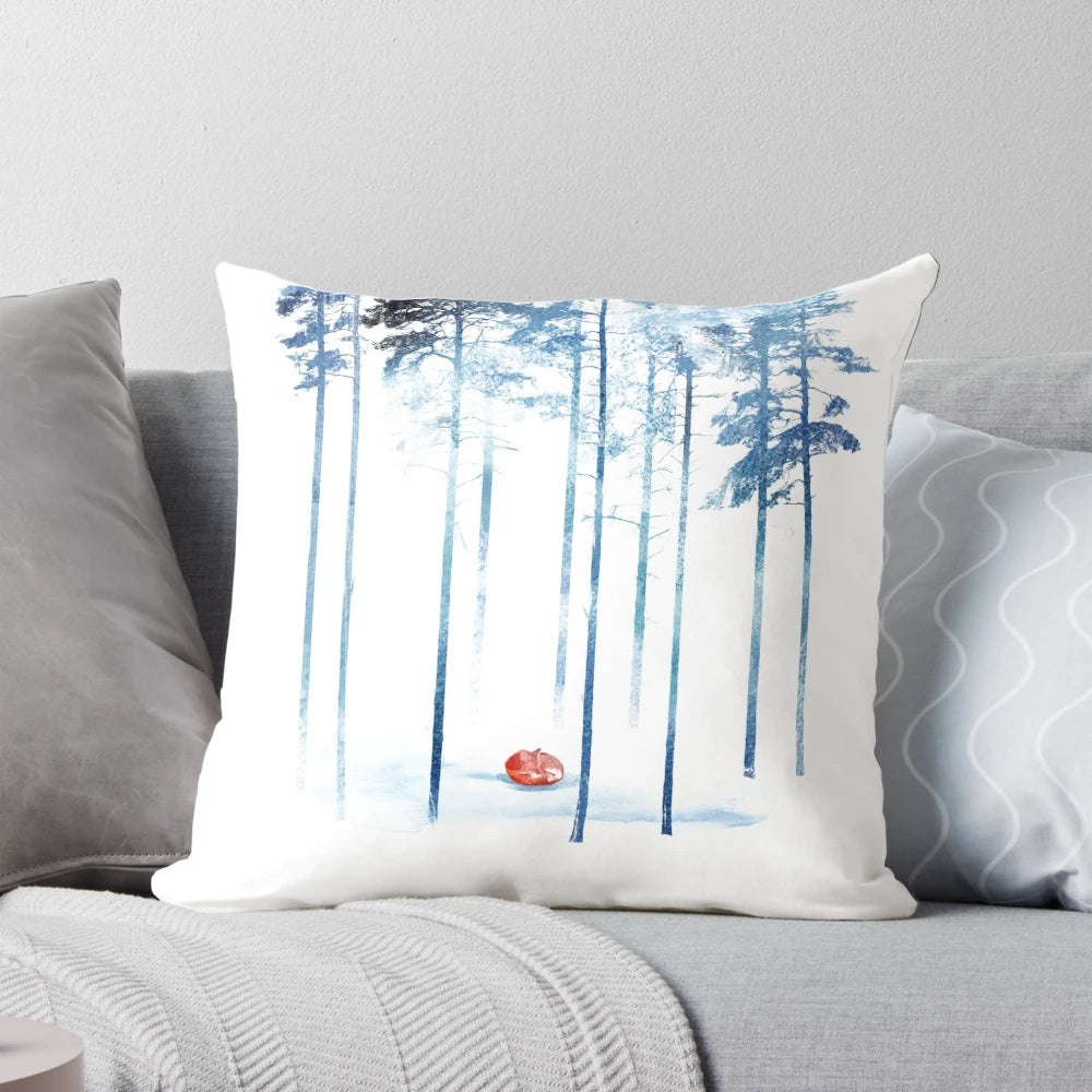 Vibrant watercolor-inspired pillow featuring a fox in a naturalistic woodland scene