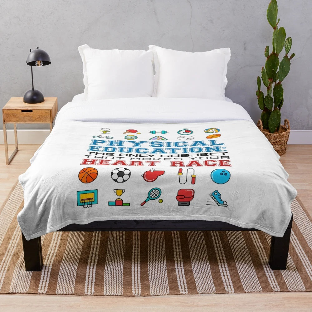 Plush blanket with "PE Teacher Physical Education Makes Your Heart Race" design