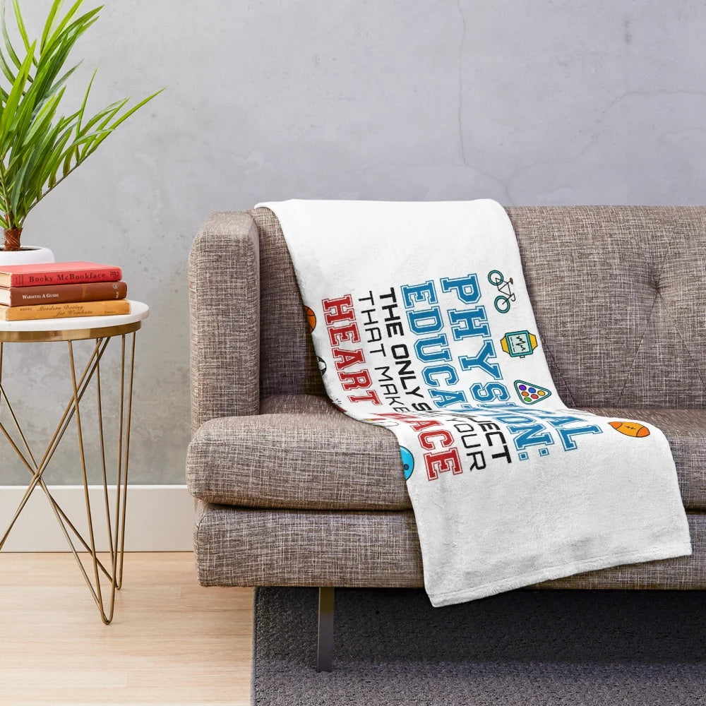 Plush blanket with "PE Teacher Physical Education Makes Your Heart Race" design