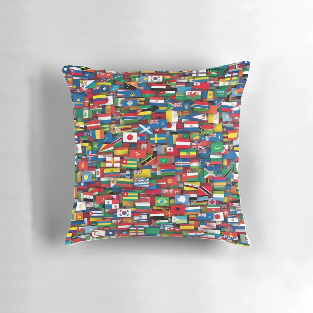 Decorative throw pillow featuring flags of all countries in the world