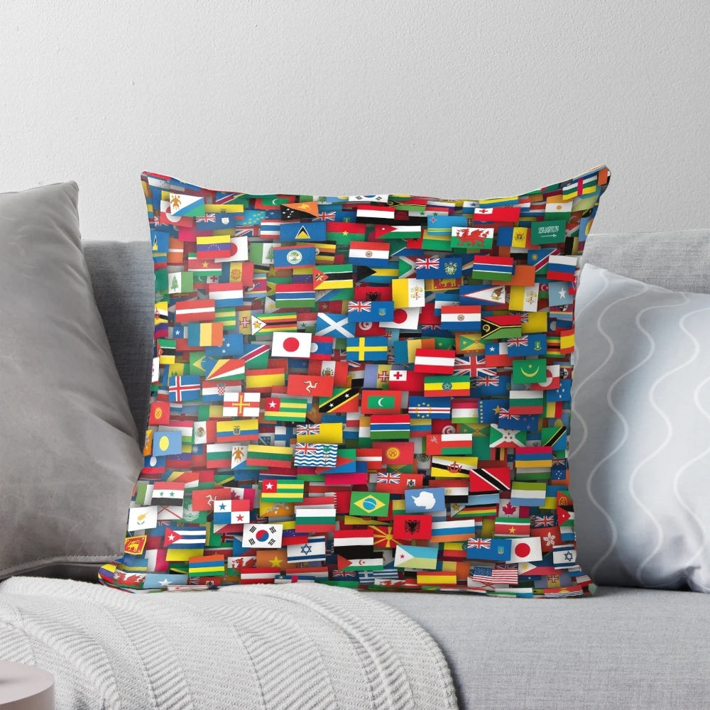 Decorative throw pillow featuring flags of all countries in the world