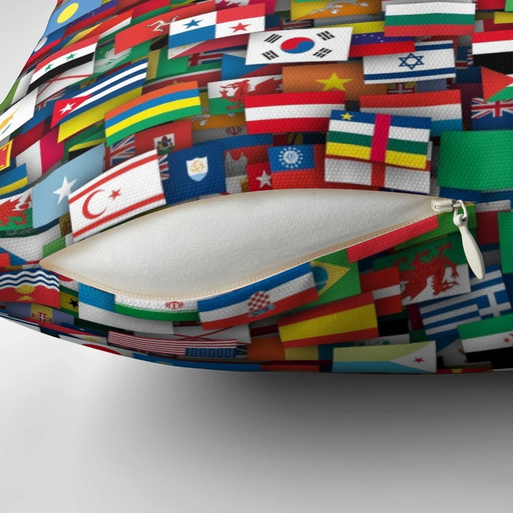 Decorative throw pillow featuring flags of all countries in the world
