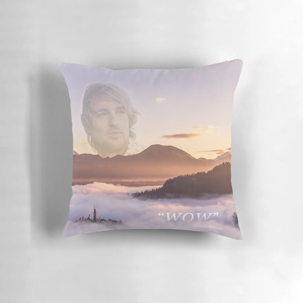 Decorative pillow featuring a stylized image of actor Owen Wilson with the iconic "Wow" quote from his movie roles.