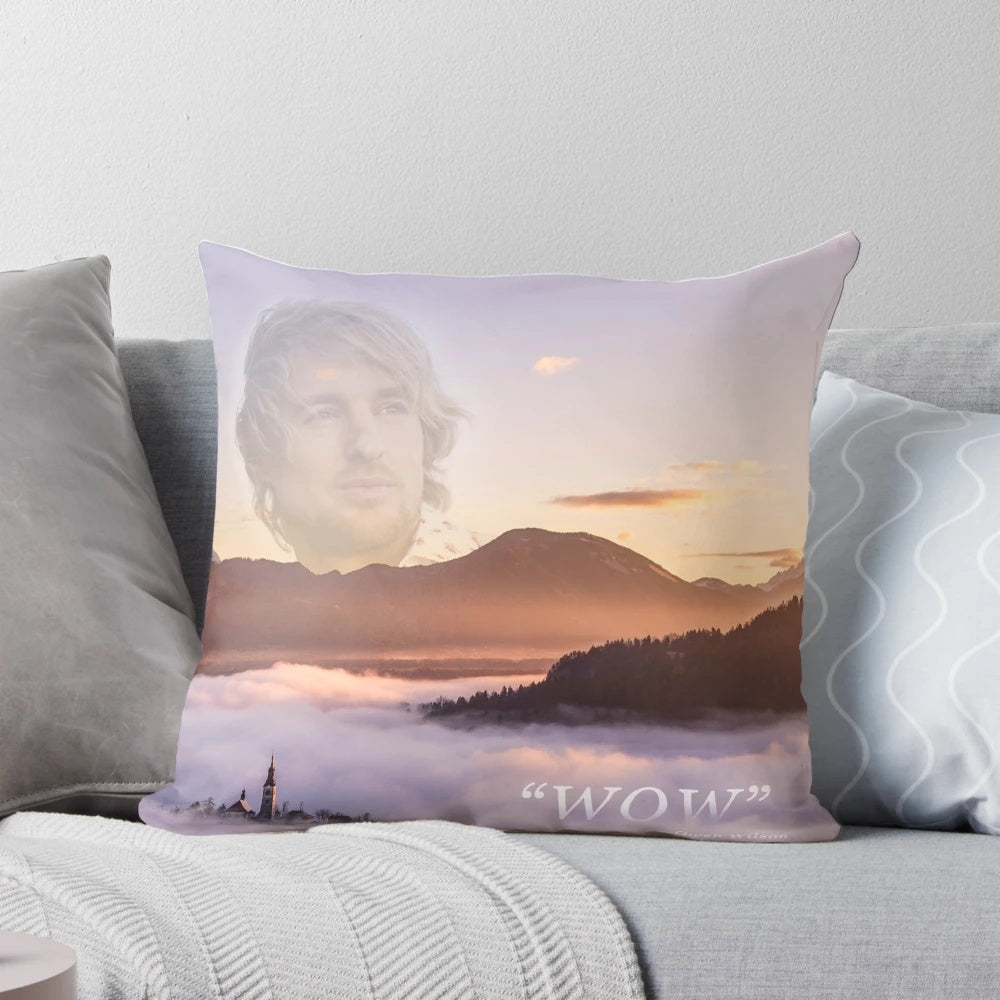 Decorative pillow featuring a stylized image of actor Owen Wilson with the iconic "Wow" quote from his movie roles.