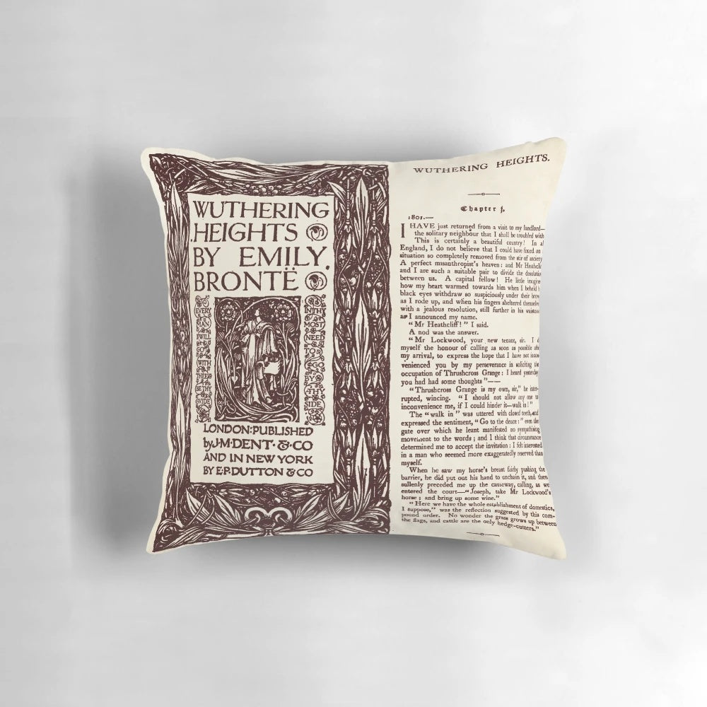 Wuthering Heights inspired throw pillow featuring pages from the classic novel