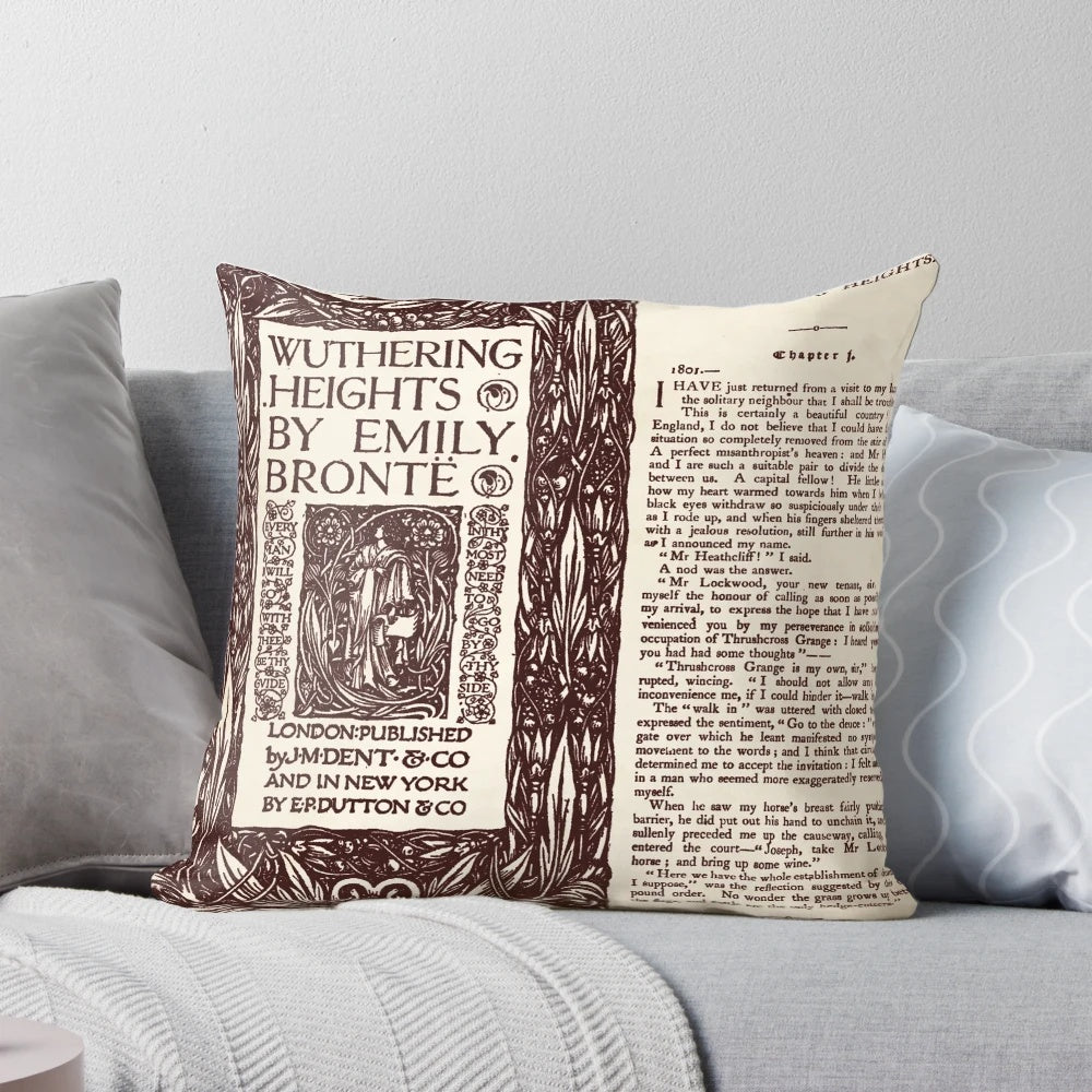 Wuthering Heights inspired throw pillow featuring pages from the classic novel