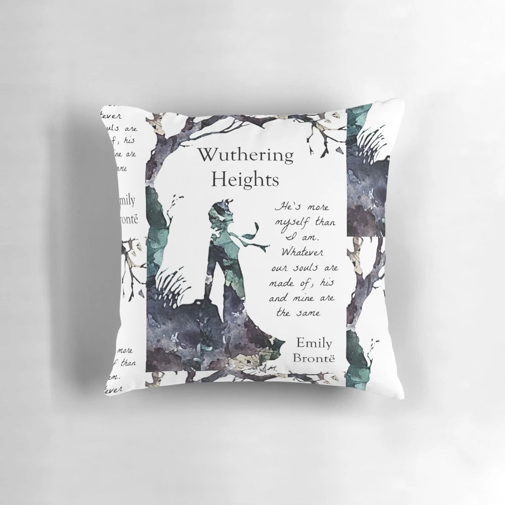 Wuthering Heights-inspired decorative pillow featuring the classic novel's logo and author Emily Brontë's name.