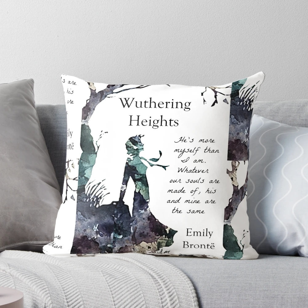 Wuthering Heights-inspired decorative pillow featuring the classic novel's logo and author Emily Brontë's name.