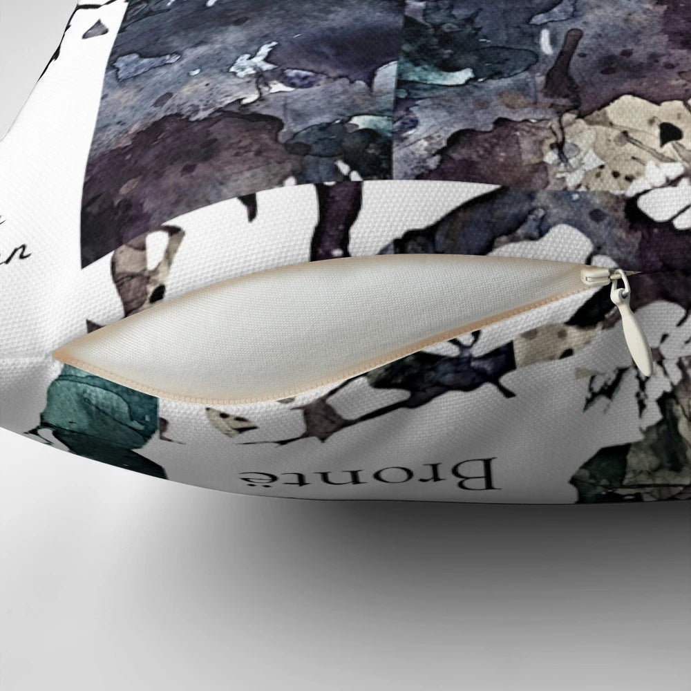 Wuthering Heights-inspired decorative pillow featuring the classic novel's logo and author Emily Brontë's name.