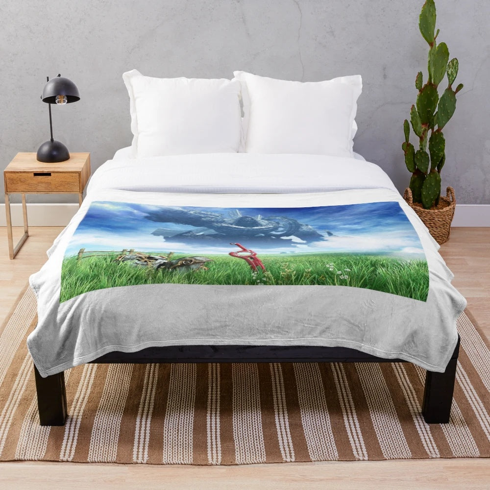 Xenoblade Chronicles inspired plush blanket with game characters and logo