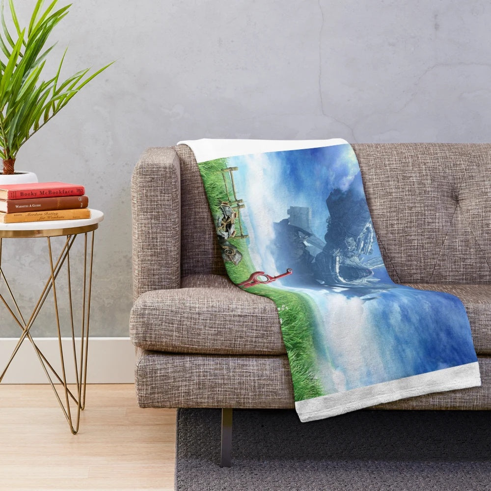 Xenoblade Chronicles inspired plush blanket with game characters and logo
