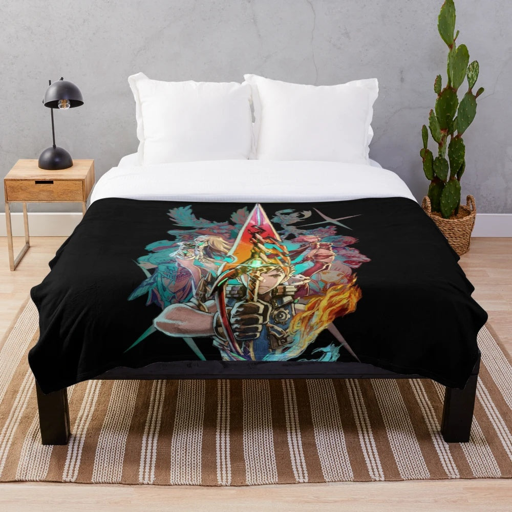 Xenoblade-inspired plush blanket with iconic characters and designs