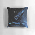 Striking xenomorph monster design on a black and white decorative pillow